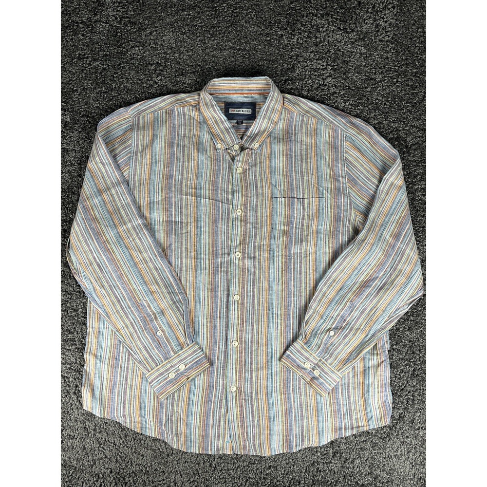 Men's 32 BAR BLUES Light Colorful Striped 100% Linen Long Sleeve Button Up 2XL